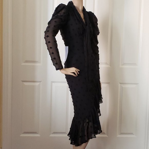 Topshop Textured Spot Midi Chiffon Dress Size 0 Black - Picture 6 of 11